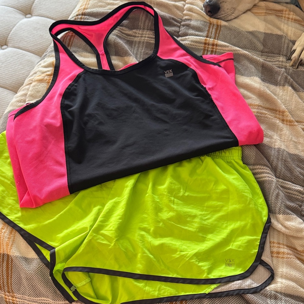 VSX Pink and Black Sports Bra with Neon Green Shorts